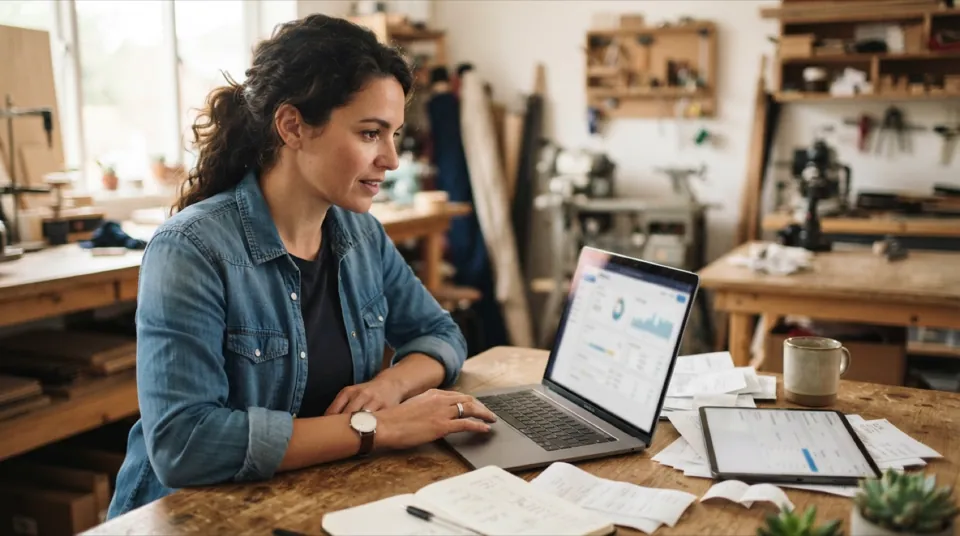 Small business owner using management software on a laptop at a workshop desk, with invoices and a tablet