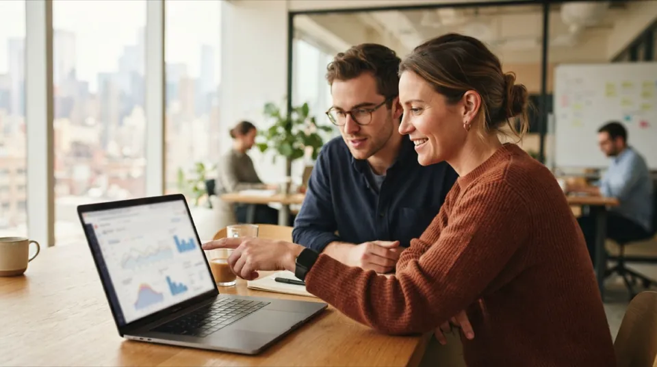 Two marketers looking at website analytics charts on a laptop in a bright meeting room