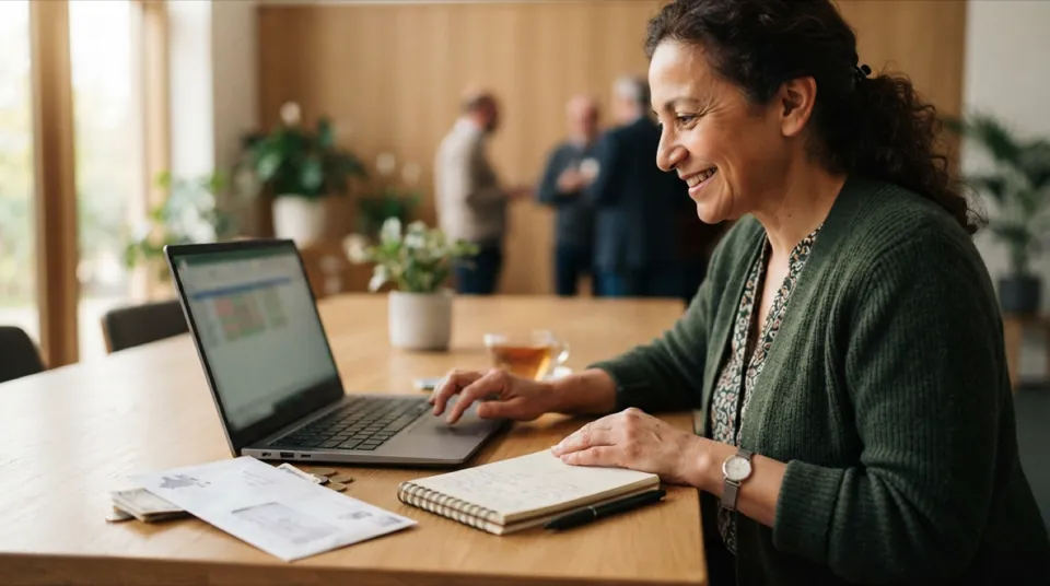 Church treasurer recording donations on a laptop, with an offering envelope and a notebook beside it